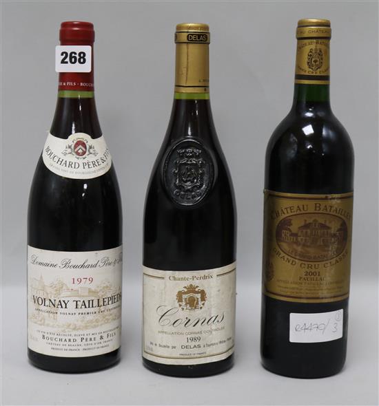 Three bottles of red wine, 1979 Volnay Taillepieds, Premier cru, 2001 Chateau Batailley, Pauillac, 1989 Delas, Cornas, Chante Perdrix R